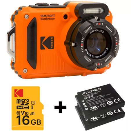 APPAREIL PHOTO COMPACT ETANCHE WPZ2 ORANGE + 2E BATT + SD 16GO