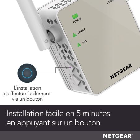 NETGEAR EX6120 – RÉPÉTEUR WIFI AC1200 JUSQU’À 90 M² / 20 APPAREILS – COMPATIBLE TOUTES BOX