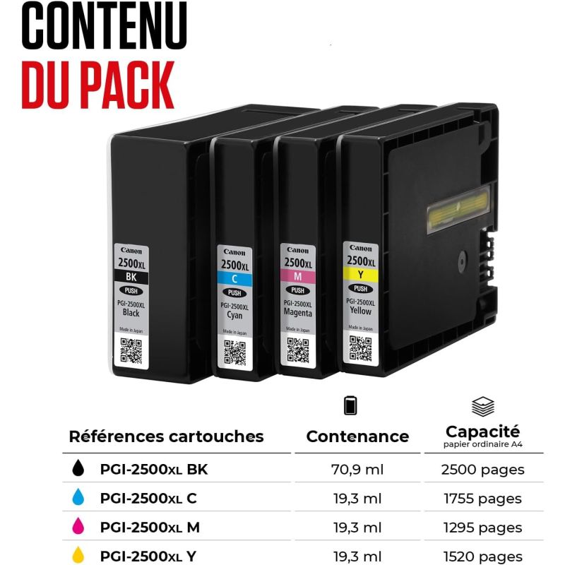 PACK CARTOUCHE ENCRE PGI-2500XLNOIR + CYAN MAGENTA JAUNE