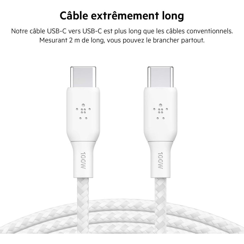 CABLE RENFORCE USB-C VERS USB-C 2M BLANC
