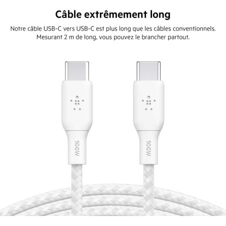 CABLE RENFORCE USB-C VERS USB-C 2M BLANC