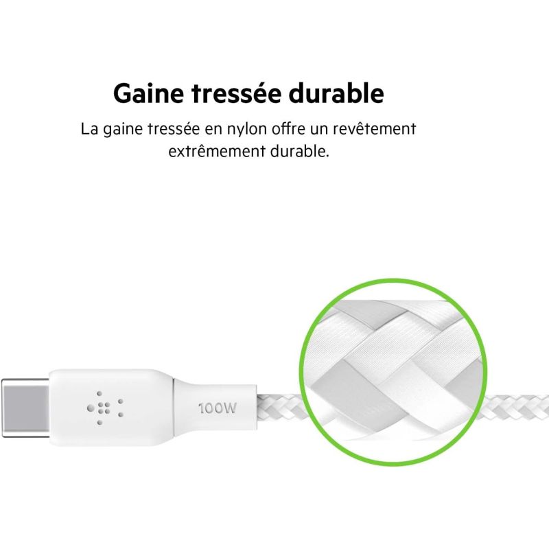 CABLE RENFORCE USB-C VERS USB-C 2M BLANC