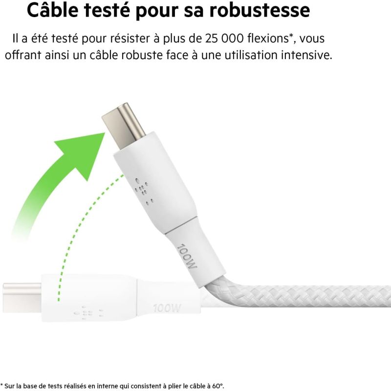 CABLE RENFORCE USB-C VERS USB-C 2M BLANC