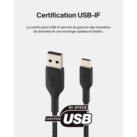 CABLE RENFORCE USB-A VERS USB-C 3M NOIR
