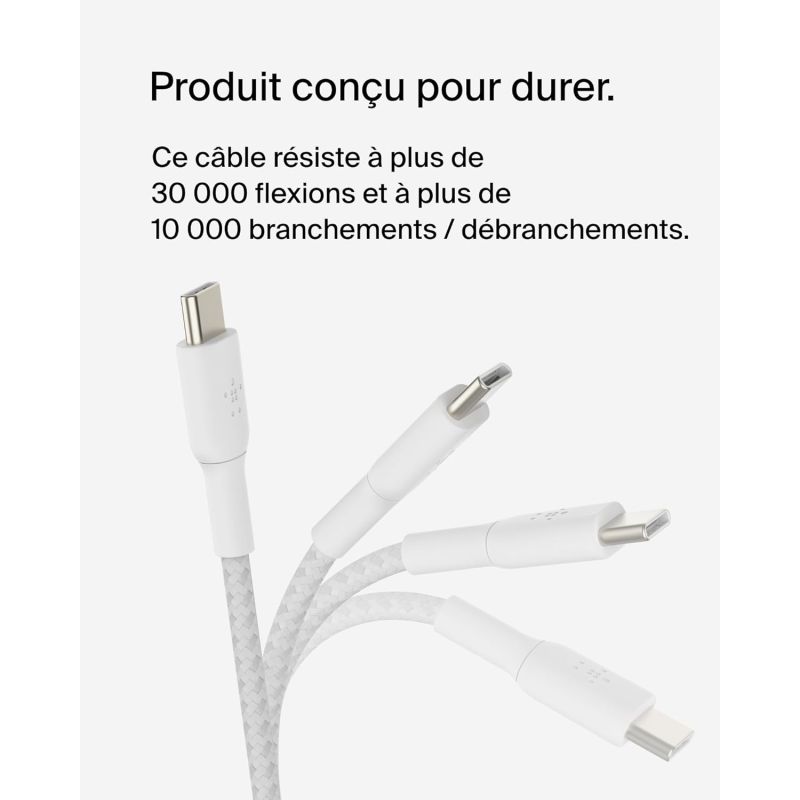 CABLE TRESSE USB-C VERS USB-C 15 CM BLANC