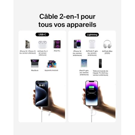 CABLE BOOST CHARGE USB-C VERS USB-C/LIGHTNING BLANC