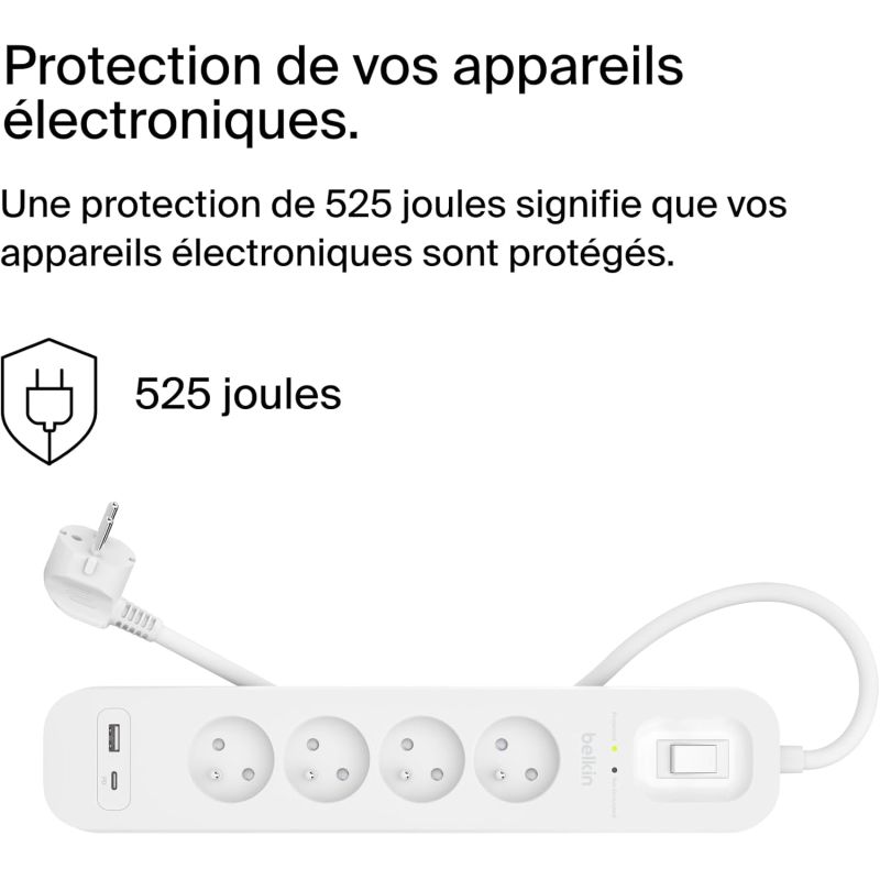 MULTIPRISE PARAFOUDRE 4 PRISES + PORT USB C & USB A
