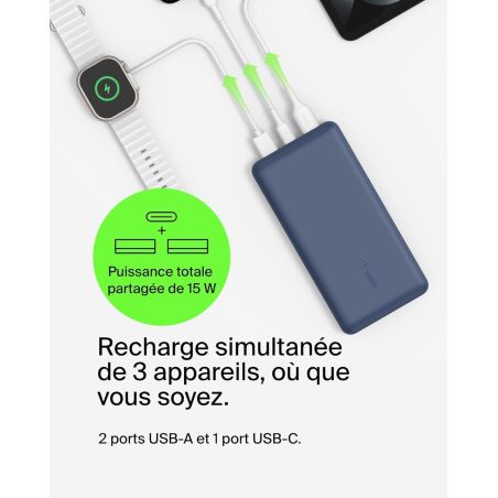 BATTERIE EXTERNE 20000 MAH USB-C ET 2 USB-A BLEU