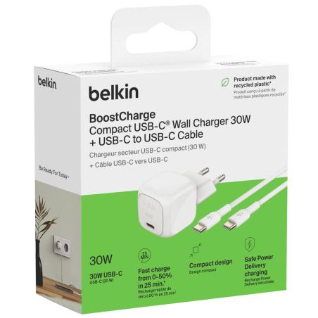 CHARGEUR SECTEUR 30 W + BOOSTCHARGE USB-C / USB-C 1M BLANC