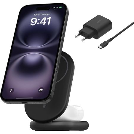 SOCLE RECHARGE 2-EN-1 AIMANTEE ET PLIABLE QI2 (15 W) - NOIR